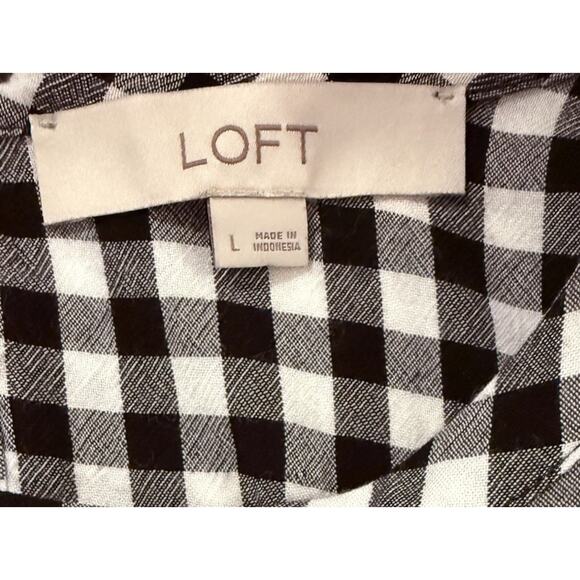 LOFT Women’s Sz L Black/White Check 100% Rayon Long Sleeve Keyhole Blouse - Picture 3 of 11